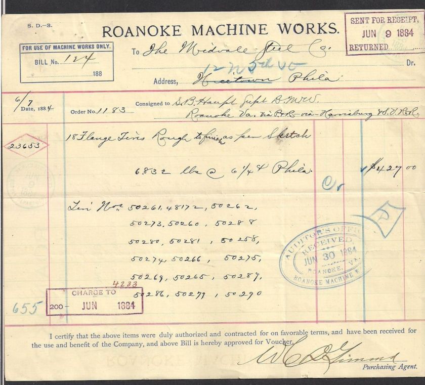   MACHINE WORKS  1884 receipt to Meadville,( Pa.) Steel Co.  