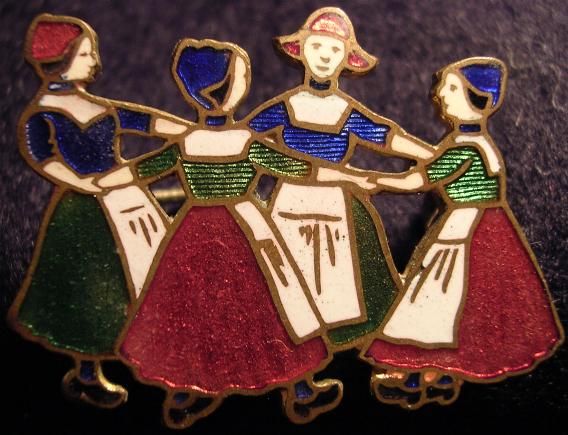 Dutch Girls Dancing in a Circle 1930s Brass Enamel Pin  