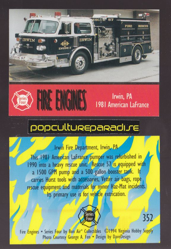   AMERICAN LAFRANCE PUMPER FIRE TRUCK ENGINE CARD Irwin, Pennsylvania PA
