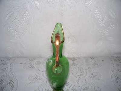 Victorian Mary Gregory Antique Green Glass Bohemian Ewer/Pticher Gold 