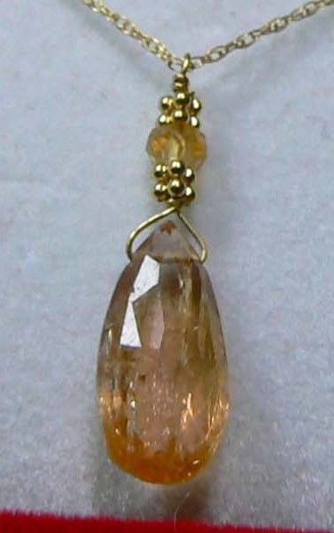 RARE NATURAL FACETED IMPERIAL TOPAZ BRIOLETTE 14K GOLD PENDANT CHAIN 