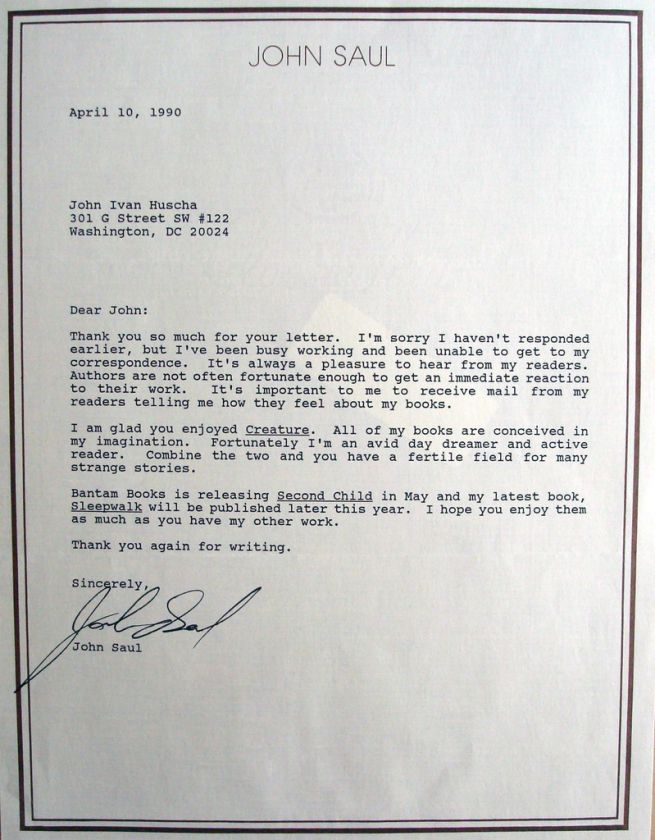 John Saul typed and autographed letter Author Horror  