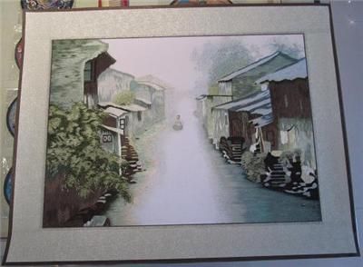 Chinese hand embroidered silk landscape painting 16x20matted Su 