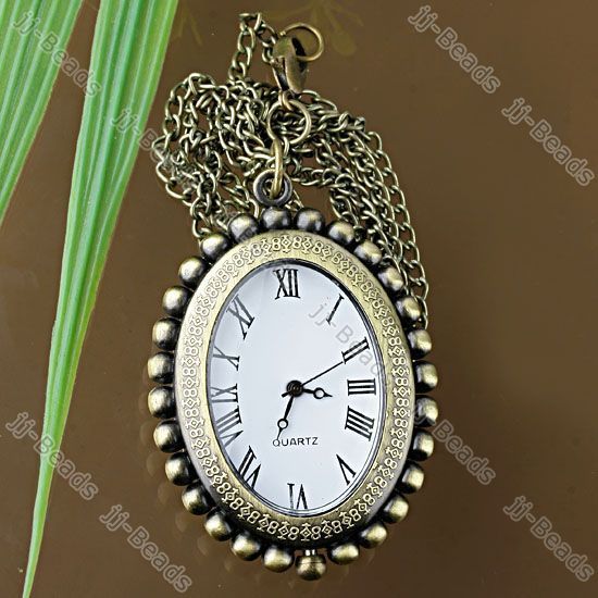 Bronze Oval Quartz Pocket Watch Pendant Chain Necklace  