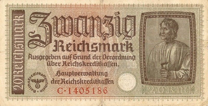 Currency Germany WWII Nazi Bank Note Money 020 Reichsmark Zwanzig 