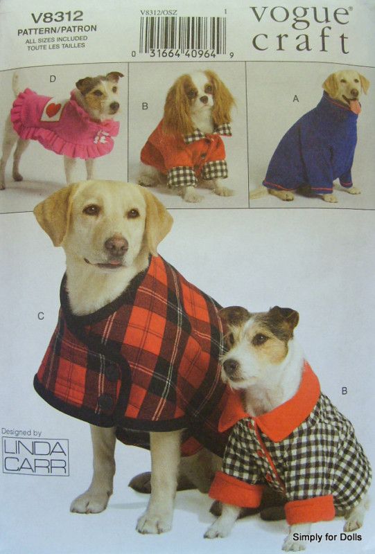 Vogue 8312 DOG COATS PATTERN in 4 Designs & 5 Sizes XS XL *NEW*  