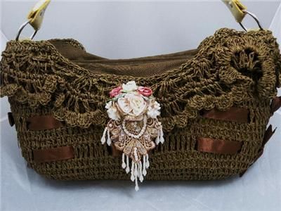 Brown Crochet Fabric Purse W/ Ribbon Trim Fair Combined Shipping 