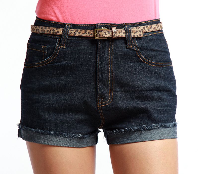   DENIM SHORTS w/ Leopard Skinny BELT Cuffed Jean Short Pants  