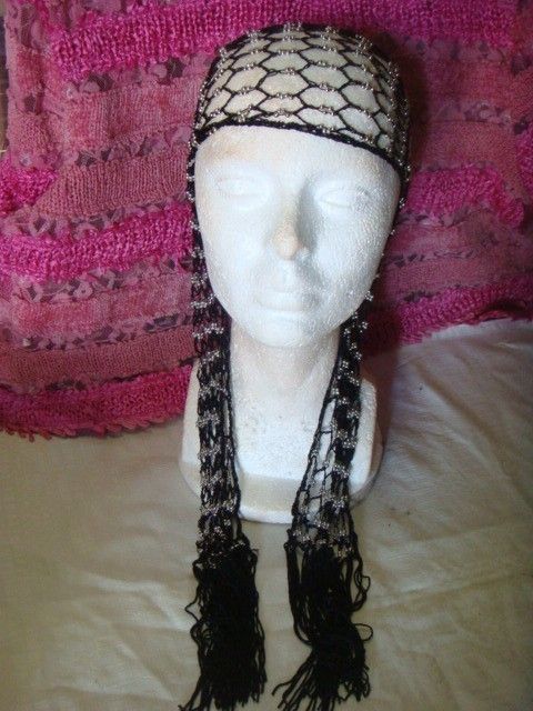 unique black crochet sliver beads headband fringe tails  