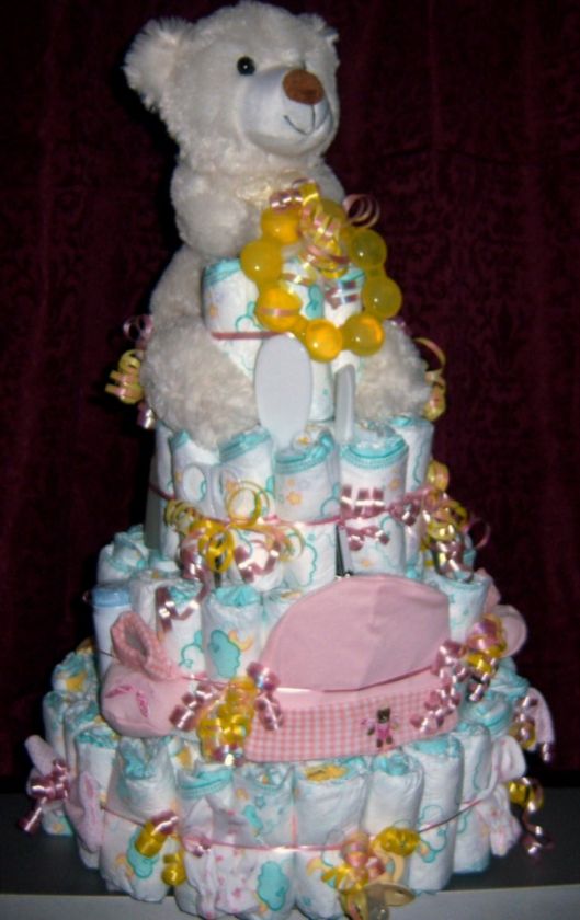 Baby Shower 4 Tier Bear Diaper Cake, 150+ Brand Diapers, BONUS  