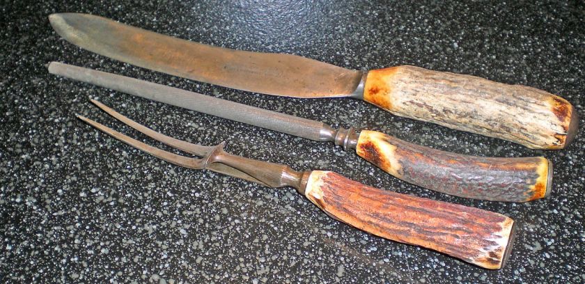   1900 STAG HORN HANDLE MATHER CARVING SET, STEEL FORK, KNIFE ENG  