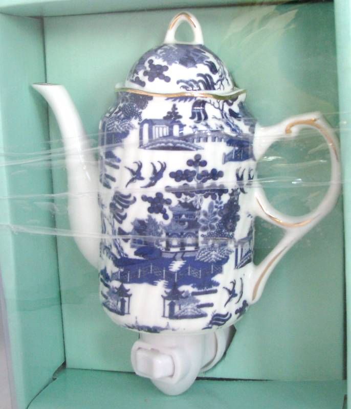 NIGHTLIGHT COBALT BLUE PRINT CHINA COFFEE TEA POT+BOX  