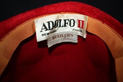   Adolfo II Red Brushed Felt Hat   Union Tag   Mint Condition  