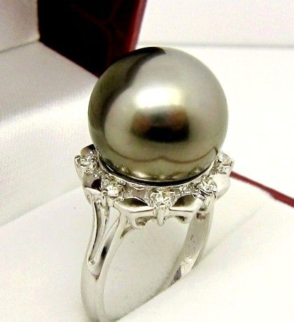 GORGEOUS 13.4mm ROUND TAHITIAN PEARL 18K G DIAMOND RING  