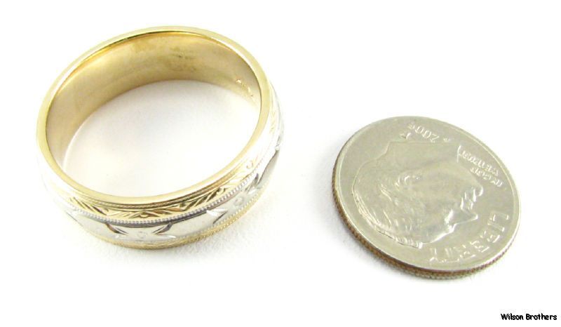 Vintage Floral Mens Wedding Band   14k White Yellow Solid Gold 