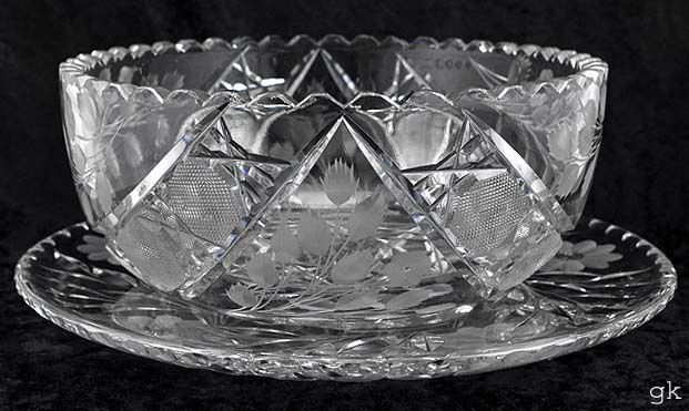 American Vintage Cut Glass Bowl & Plate 1920 30s Flower  