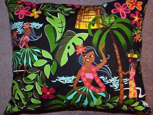 50s 60s hawaii tiki hula girls PILLOWS PAIR retro BLACK  