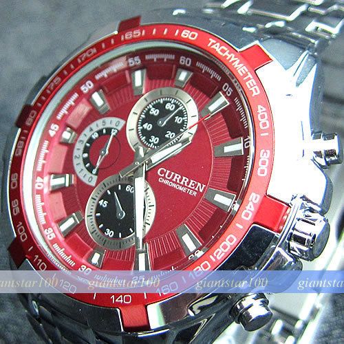 WATER QUARTZ HOUR DIAL RED ANALOG LUXURY SPORT MEN STEEL WRIST WATCH 