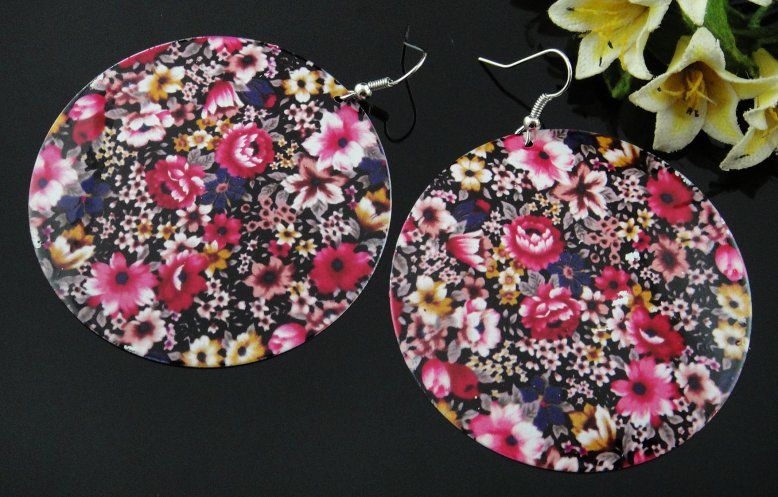   flowers Round Printing Hook Dangle Earrings Jewelry 19b 128 T0303