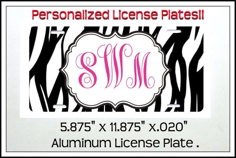 Personalized Zebra Stripe Monogram License Plate Girl  