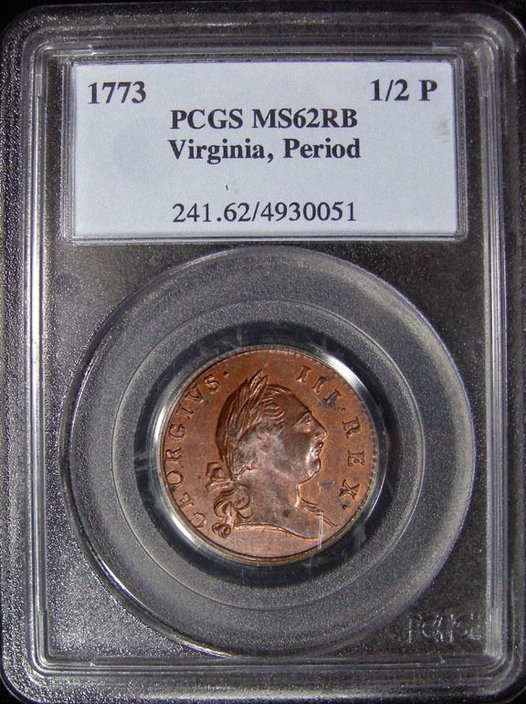 1773 Virginia 1/2P PCGS MS62 RB  