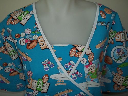 1XL CARTOON SPORT SCRUB TOP BASEBALL BASKETBALL TENNIS  