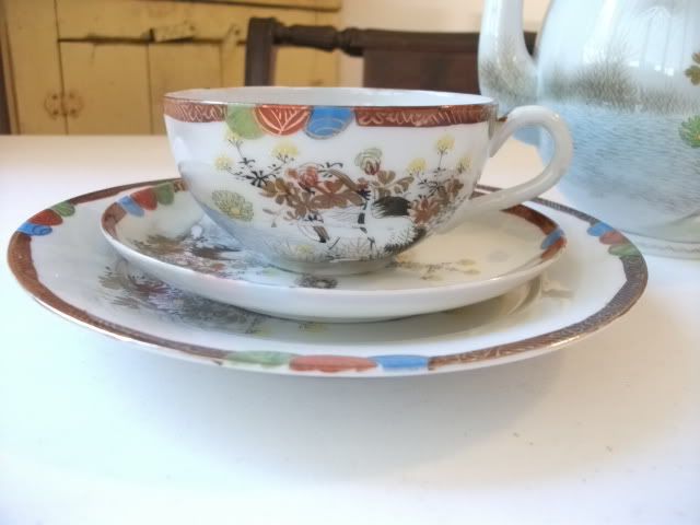   Japanese tea set vtg crane kutani imari porcelain art teapot mt fuji