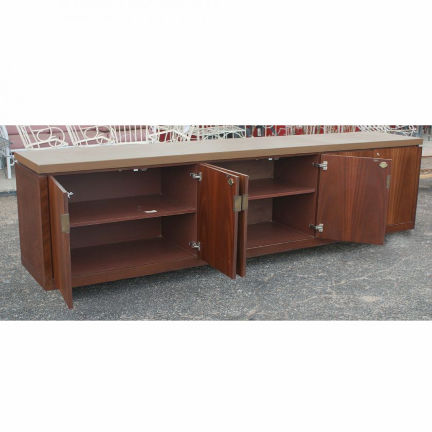 116 Long Vintage Burl Walnut Leather Cabinet Credenza  