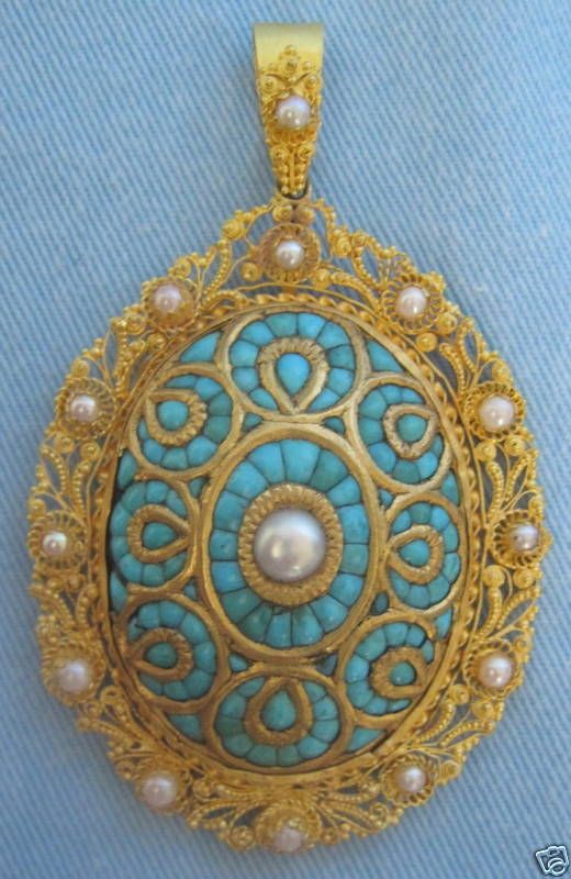 Fine Victorian 22K Gold Pearl & Turquoise Inlay Pendant  