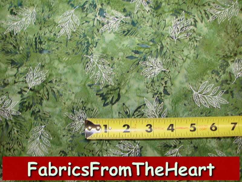   Silver Metallic Green Leaves 2 1/4 Yards Robert Kaufman Batik Fabric