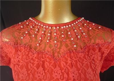 Vintage 50s Red Chantilly Lace Party Dress VLV Rhinestone Pearl Full 