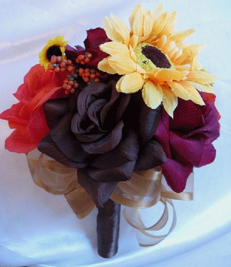 Wedding Bouquet Bridal Silk flowers FALL BROWN ORANGE YELLOW 