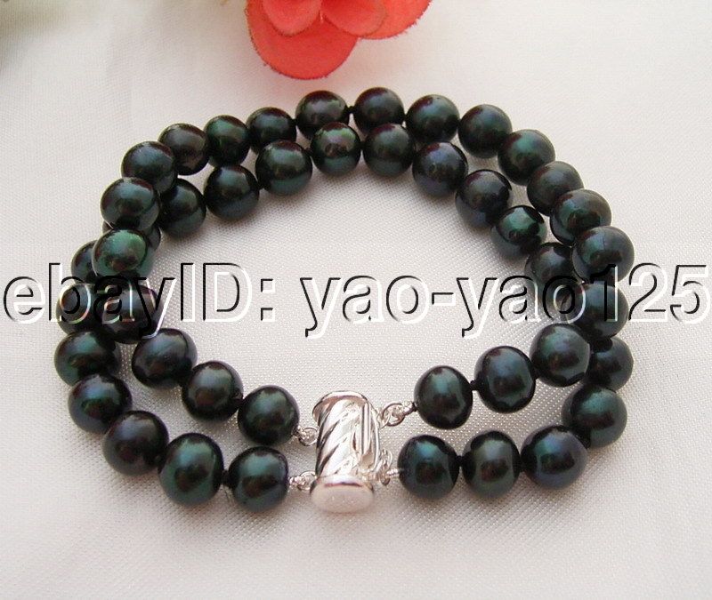 2Strds Black Pearl Bracelet 925 Silver Clasp  