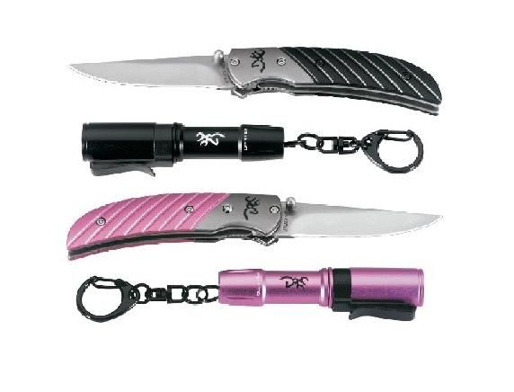 BROWNING BUCKMARK FOLDING KNIFE & LIGHT SET BLACK PINK  