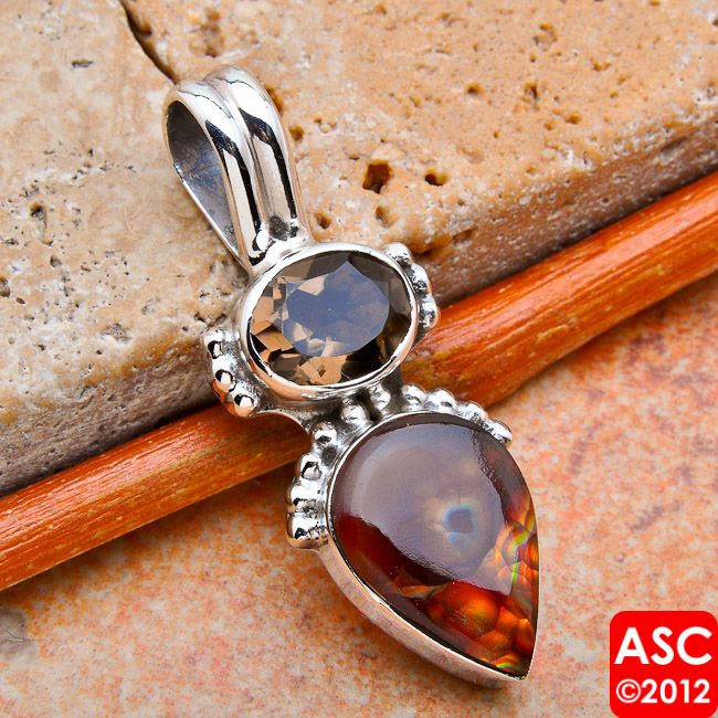   MEXICAN FIRE AGATE, SMOKY QUARTZ .925 SILVER PENDANT 1 3/8  