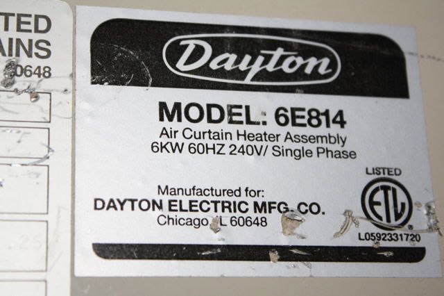 DAYTON 6E814 SINGLE PHASE 240V 6KW AIR CURTAIN HEATER ASSEMBLY  