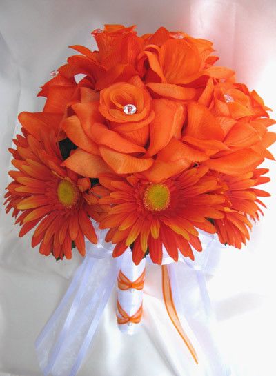 10 pc Wedding Bouquet Bridal flowers ORANGE DAISY  