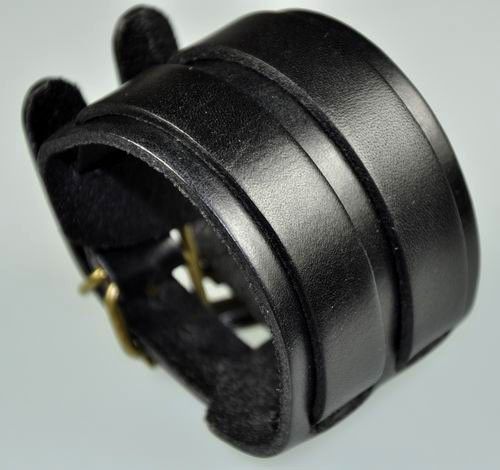 Mens Quality Wide Vintage Leather Bracelet Cuff Black  