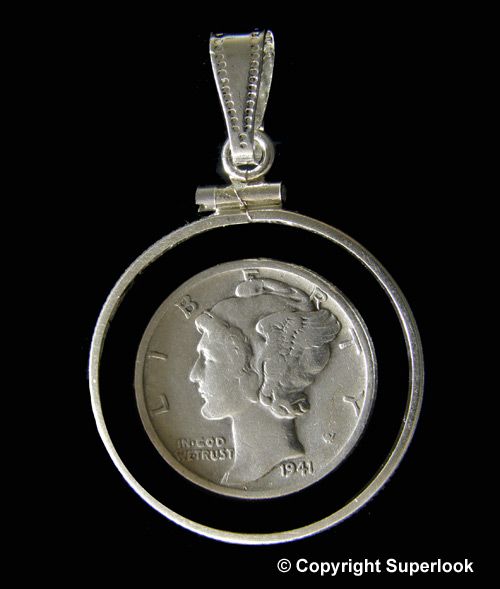 COIN PENDANT Mercury Dime / Crystal Lens Silver Bezel  