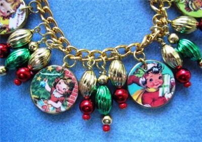 Retro 50s Christmas Charm Recycled Art Bracelet Handmade Kitsch 