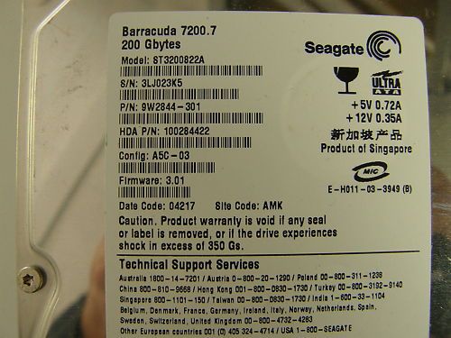 SEAGATE BARRACUDA 200GB ATA HD ST3200822A 9W2844 301  