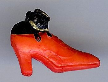   VINTAGE PAINTED CELLULOID KITTY CAT IN A HIGH HEEL SHOE CHARM  