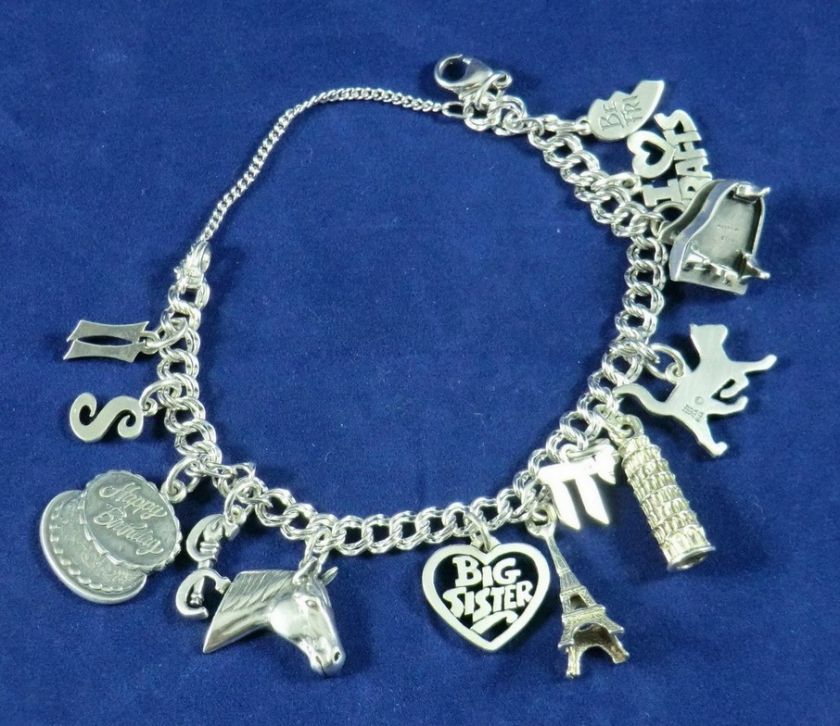   Curb Sterling Silver Bracelet with 13 Charms   Really Nice  