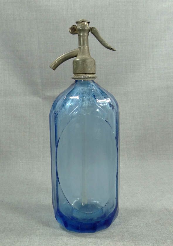 ANTIQUE BLUE GLASS SODA SIPHON SYPHON SELTZER 12 SIDED BOTTLE PEWTER 