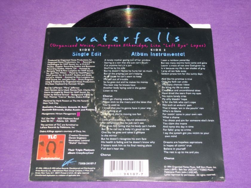 TLC Waterfalls Rare 7 45 RPM Vinyl & Picture Sleeve Lisa Lopes T Boz 